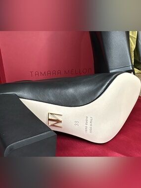 Tamara Mellon Black Leather Block Heel Pumps with Gold Logo